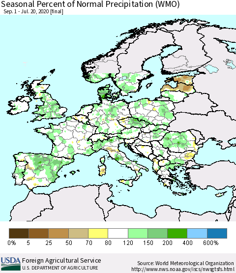 Europe Seasonal Percent of Normal Precipitation (WMO) Thematic Map For 9/1/2019 - 7/20/2020