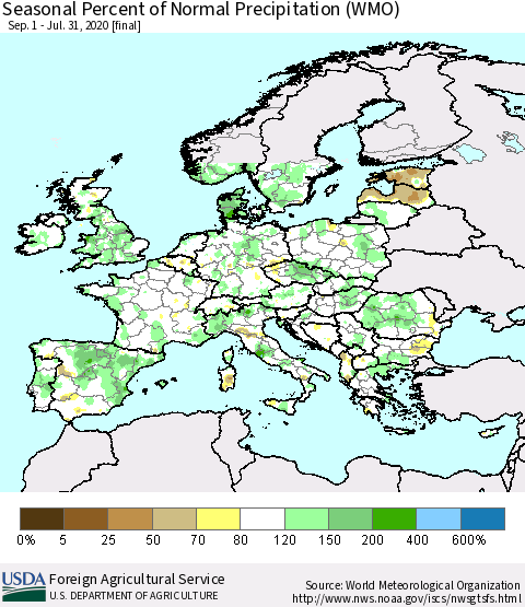 Europe Seasonal Percent of Normal Precipitation (WMO) Thematic Map For 9/1/2019 - 7/31/2020