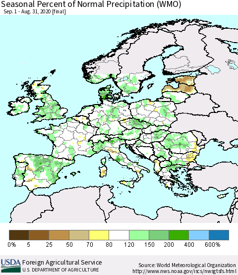 Europe Seasonal Percent of Normal Precipitation (WMO) Thematic Map For 9/1/2019 - 8/31/2020