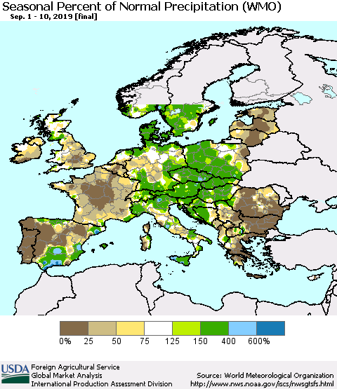 Europe Seasonal Percent of Normal Precipitation (WMO) Thematic Map For 9/1/2019 - 9/10/2019