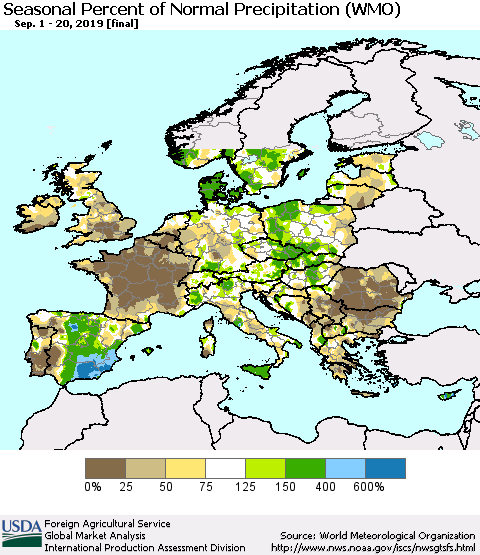 Europe Seasonal Percent of Normal Precipitation (WMO) Thematic Map For 9/1/2019 - 9/20/2019