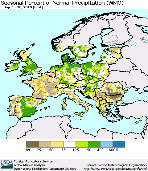 Europe Seasonal Percent of Normal Precipitation (WMO) Thematic Map For 9/1/2019 - 9/30/2019