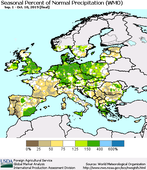Europe Seasonal Percent of Normal Precipitation (WMO) Thematic Map For 9/1/2019 - 10/10/2019