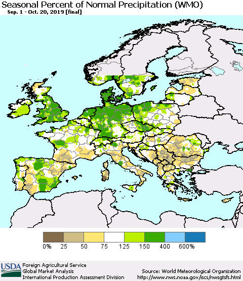 Europe Seasonal Percent of Normal Precipitation (WMO) Thematic Map For 9/1/2019 - 10/20/2019