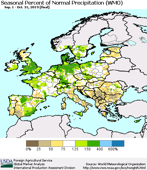 Europe Seasonal Percent of Normal Precipitation (WMO) Thematic Map For 9/1/2019 - 10/31/2019