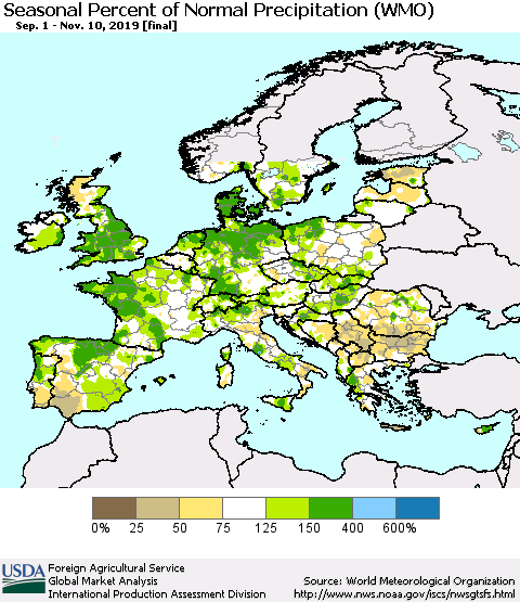 Europe Seasonal Percent of Normal Precipitation (WMO) Thematic Map For 9/1/2019 - 11/10/2019