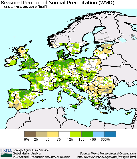 Europe Seasonal Percent of Normal Precipitation (WMO) Thematic Map For 9/1/2019 - 11/20/2019