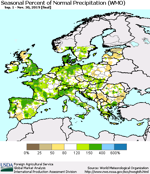 Europe Seasonal Percent of Normal Precipitation (WMO) Thematic Map For 9/1/2019 - 11/30/2019