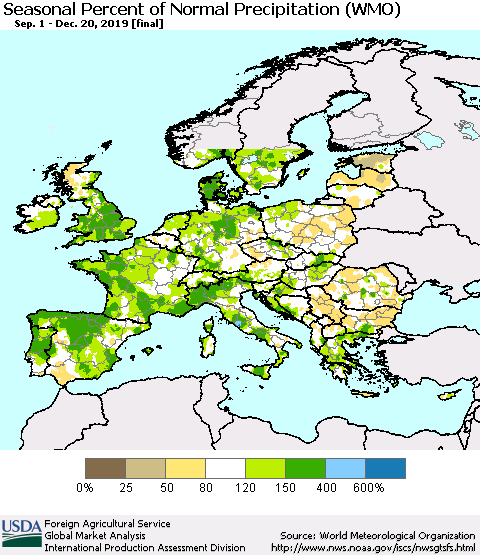 Europe Seasonal Percent of Normal Precipitation (WMO) Thematic Map For 9/1/2019 - 12/20/2019