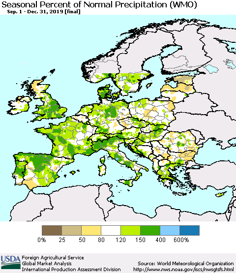 Europe Seasonal Percent of Normal Precipitation (WMO) Thematic Map For 9/1/2019 - 12/31/2019