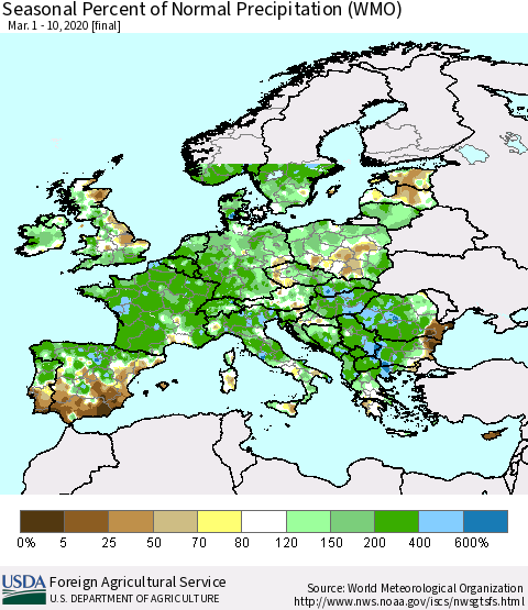Europe Seasonal Percent of Normal Precipitation (WMO) Thematic Map For 3/1/2020 - 3/10/2020
