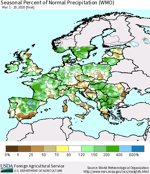 Europe Seasonal Percent of Normal Precipitation (WMO) Thematic Map For 3/1/2020 - 3/20/2020