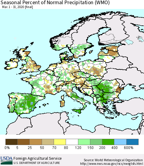 Europe Seasonal Percent of Normal Precipitation (WMO) Thematic Map For 3/1/2020 - 3/31/2020