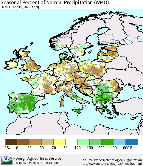 Europe Seasonal Percent of Normal Precipitation (WMO) Thematic Map For 3/1/2020 - 4/10/2020