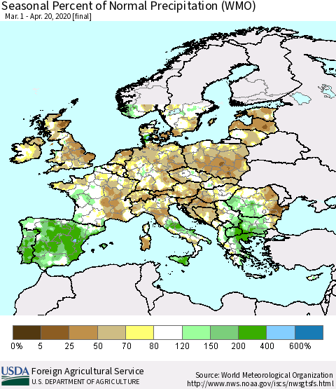 Europe Seasonal Percent of Normal Precipitation (WMO) Thematic Map For 3/1/2020 - 4/20/2020