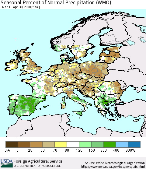 Europe Seasonal Percent of Normal Precipitation (WMO) Thematic Map For 3/1/2020 - 4/30/2020