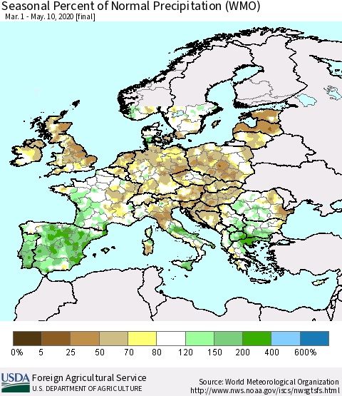 Europe Seasonal Percent of Normal Precipitation (WMO) Thematic Map For 3/1/2020 - 5/10/2020