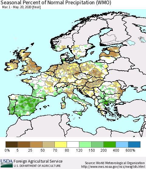 Europe Seasonal Percent of Normal Precipitation (WMO) Thematic Map For 3/1/2020 - 5/20/2020