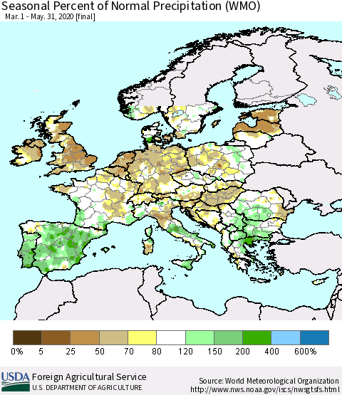 Europe Seasonal Percent of Normal Precipitation (WMO) Thematic Map For 3/1/2020 - 5/31/2020