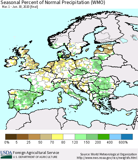 Europe Seasonal Percent of Normal Precipitation (WMO) Thematic Map For 3/1/2020 - 6/30/2020