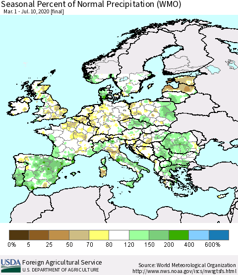 Europe Seasonal Percent of Normal Precipitation (WMO) Thematic Map For 3/1/2020 - 7/10/2020
