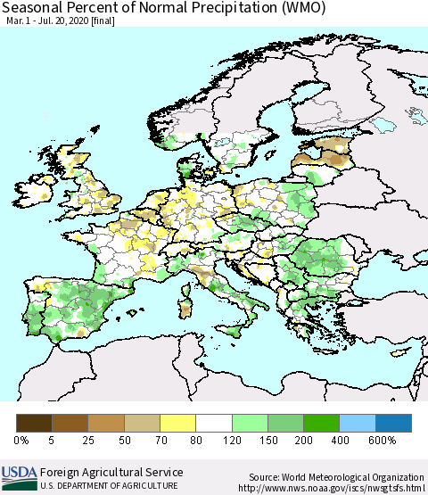 Europe Seasonal Percent of Normal Precipitation (WMO) Thematic Map For 3/1/2020 - 7/20/2020