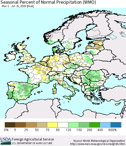 Europe Seasonal Percent of Normal Precipitation (WMO) Thematic Map For 3/1/2020 - 7/31/2020