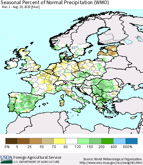 Europe Seasonal Percent of Normal Precipitation (WMO) Thematic Map For 3/1/2020 - 8/20/2020