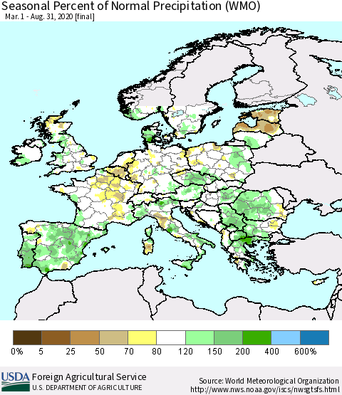 Europe Seasonal Percent of Normal Precipitation (WMO) Thematic Map For 3/1/2020 - 8/31/2020