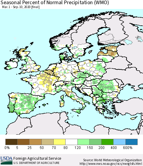 Europe Seasonal Percent of Normal Precipitation (WMO) Thematic Map For 3/1/2020 - 9/10/2020