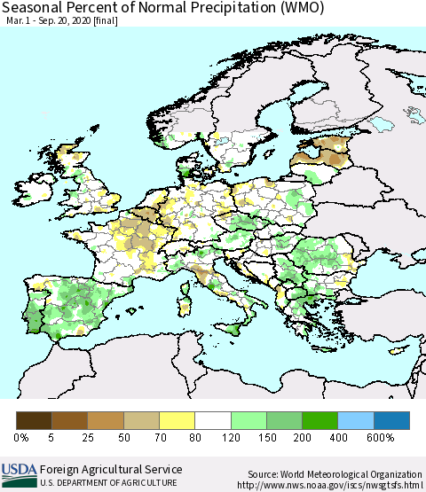 Europe Seasonal Percent of Normal Precipitation (WMO) Thematic Map For 3/1/2020 - 9/20/2020