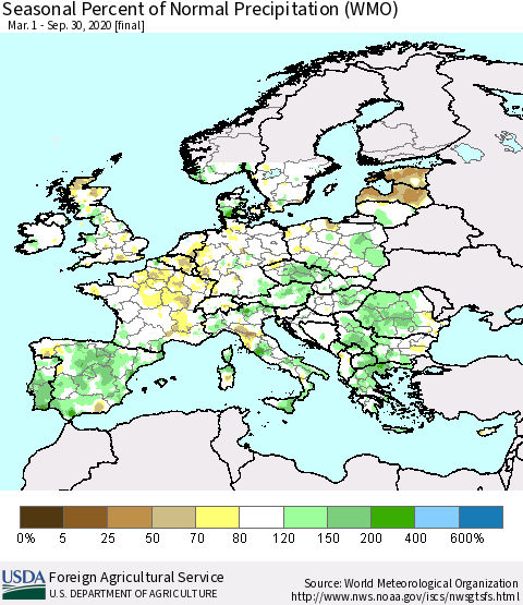 Europe Seasonal Percent of Normal Precipitation (WMO) Thematic Map For 3/1/2020 - 9/30/2020