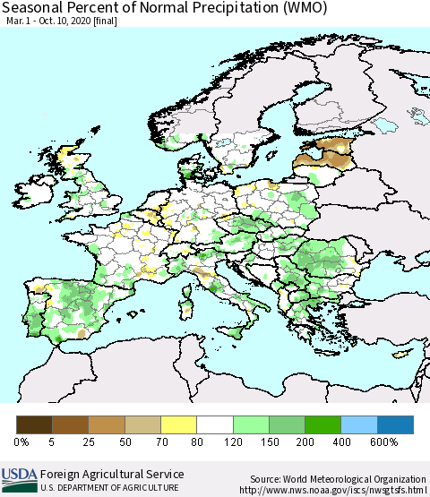 Europe Seasonal Percent of Normal Precipitation (WMO) Thematic Map For 3/1/2020 - 10/10/2020