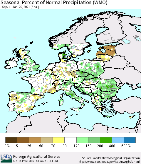 Europe Seasonal Percent of Normal Precipitation (WMO) Thematic Map For 9/1/2020 - 1/20/2021
