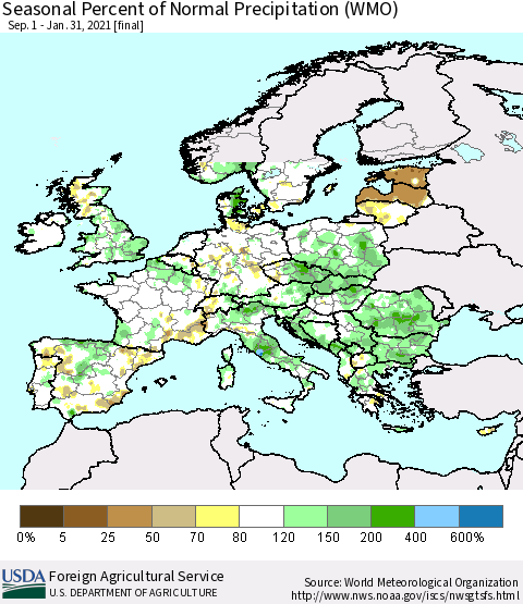 Europe Seasonal Percent of Normal Precipitation (WMO) Thematic Map For 9/1/2020 - 1/31/2021