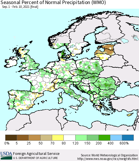 Europe Seasonal Percent of Normal Precipitation (WMO) Thematic Map For 9/1/2020 - 2/10/2021