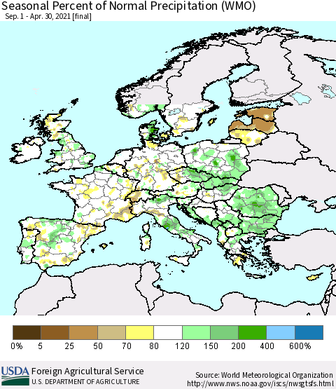 Europe Seasonal Percent of Normal Precipitation (WMO) Thematic Map For 9/1/2020 - 4/30/2021