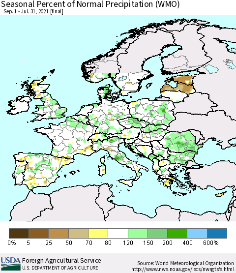 Europe Seasonal Percent of Normal Precipitation (WMO) Thematic Map For 9/1/2020 - 7/31/2021