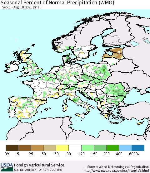 Europe Seasonal Percent of Normal Precipitation (WMO) Thematic Map For 9/1/2020 - 8/10/2021