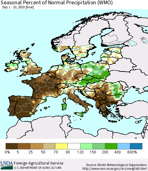 Europe Seasonal Percent of Normal Precipitation (WMO) Thematic Map For 9/1/2020 - 9/10/2020
