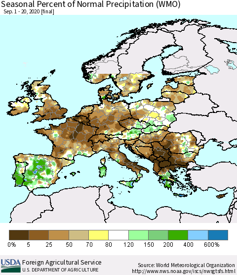 Europe Seasonal Percent of Normal Precipitation (WMO) Thematic Map For 9/1/2020 - 9/20/2020