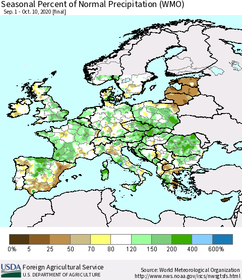 Europe Seasonal Percent of Normal Precipitation (WMO) Thematic Map For 9/1/2020 - 10/10/2020