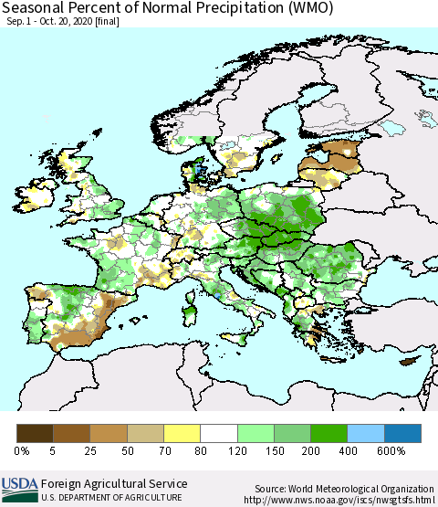 Europe Seasonal Percent of Normal Precipitation (WMO) Thematic Map For 9/1/2020 - 10/20/2020