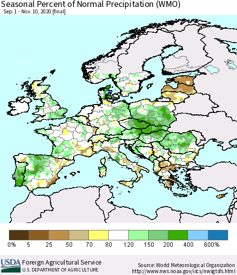 Europe Seasonal Percent of Normal Precipitation (WMO) Thematic Map For 9/1/2020 - 11/10/2020
