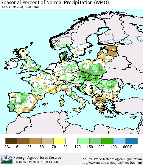 Europe Seasonal Percent of Normal Precipitation (WMO) Thematic Map For 9/1/2020 - 11/20/2020