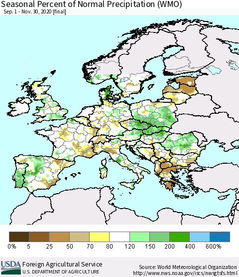 Europe Seasonal Percent of Normal Precipitation (WMO) Thematic Map For 9/1/2020 - 11/30/2020
