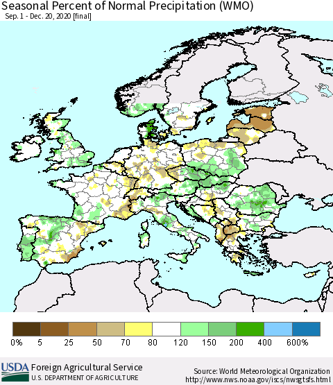 Europe Seasonal Percent of Normal Precipitation (WMO) Thematic Map For 9/1/2020 - 12/20/2020