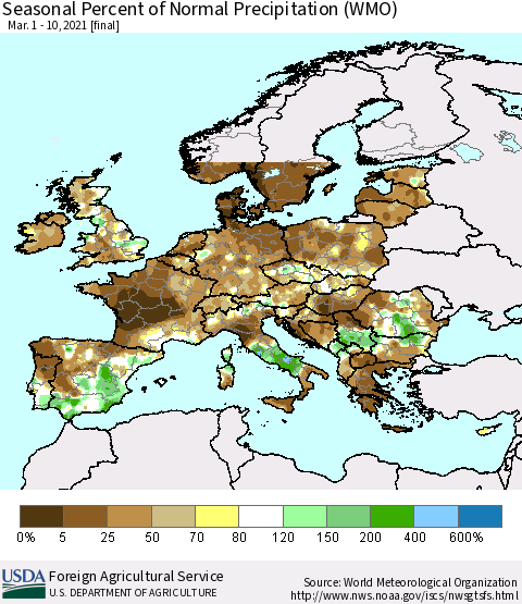 Europe Seasonal Percent of Normal Precipitation (WMO) Thematic Map For 3/1/2021 - 3/10/2021