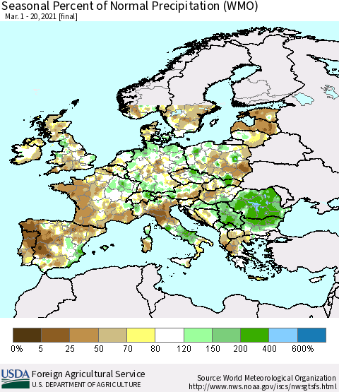 Europe Seasonal Percent of Normal Precipitation (WMO) Thematic Map For 3/1/2021 - 3/20/2021