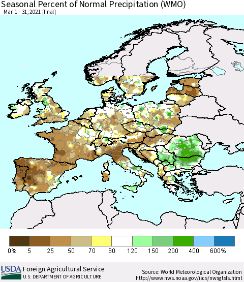Europe Seasonal Percent of Normal Precipitation (WMO) Thematic Map For 3/1/2021 - 3/31/2021